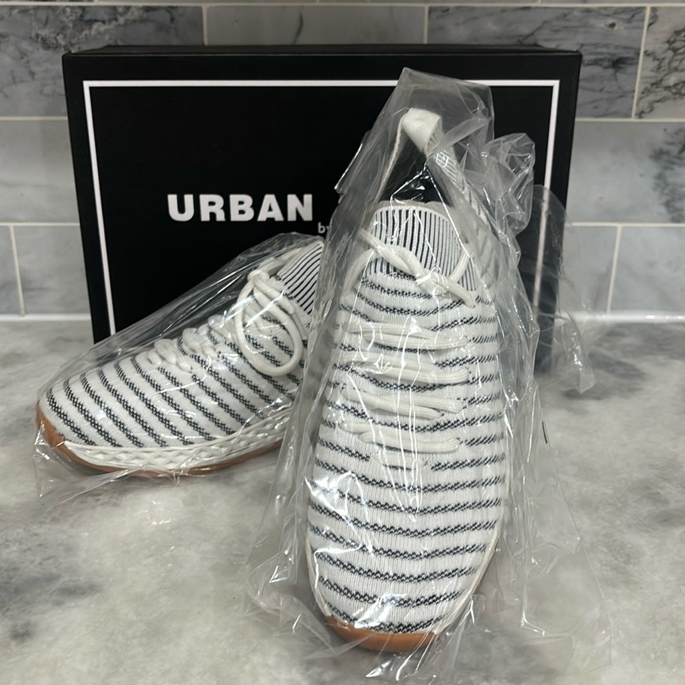 J Slides White and Black Striped Sneakers